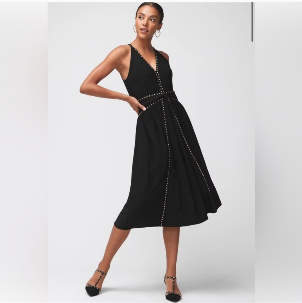 NWT White House Black Market WHBM Black & Gold Stud Sleeveless Midi Dress 2